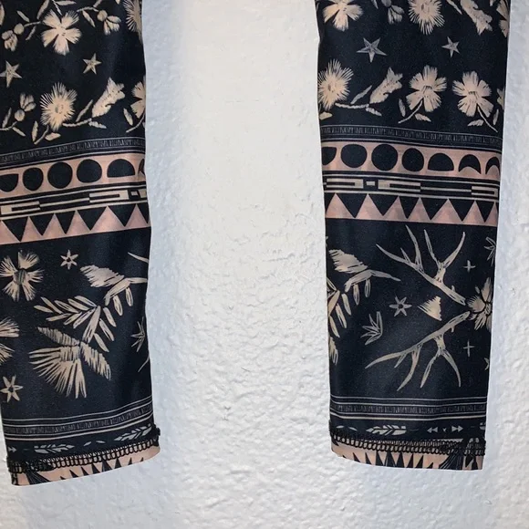 Rare Teeki leggings full length navy tan floral moon star antlers nature boho XS